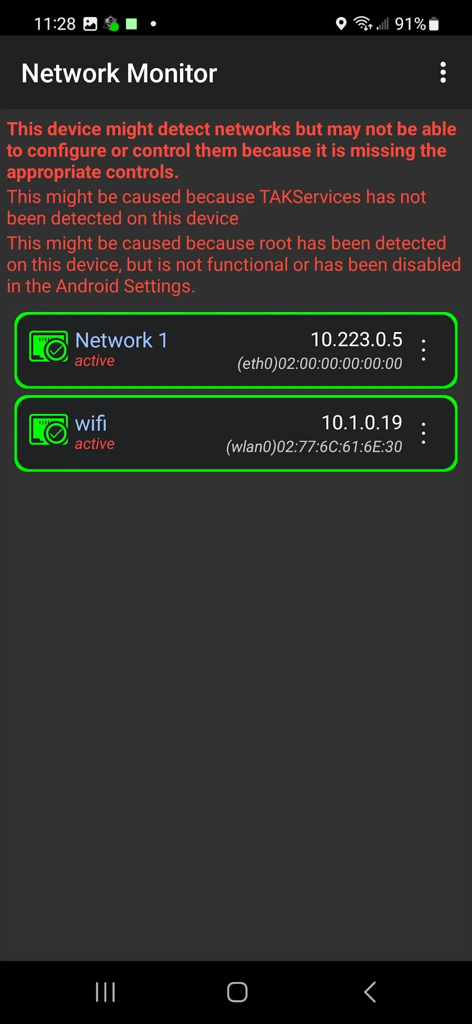 Network Monitor's Configure Network screen for the wired eth0 interface, named Network1, with a static IP of 10.223.0.5, subnet mask 255.255.0.0, and Create Default Route checked