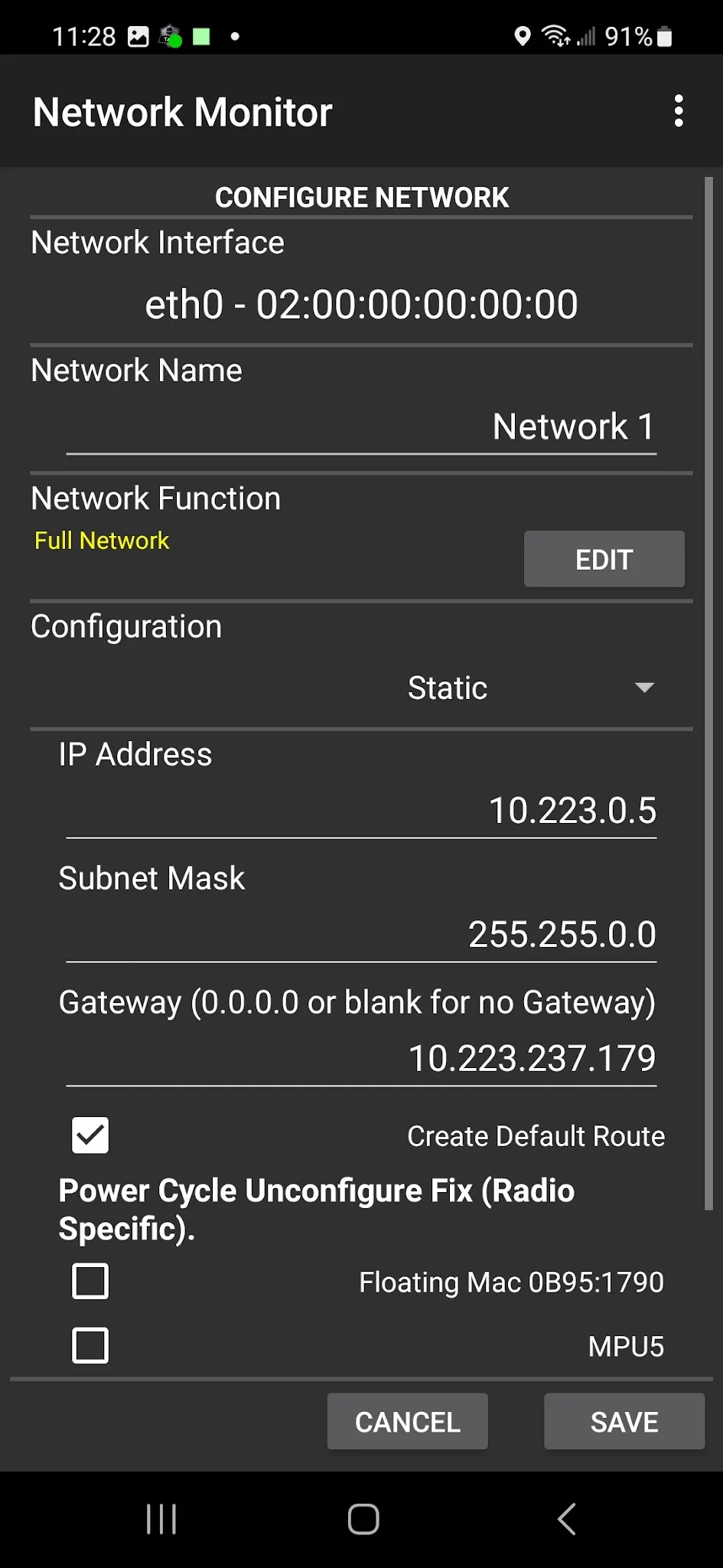 Network Monitor's Configure Network screen for the wifi/wlan0 interface, with a static IP of 10.1.0.19, subnet mask 255.255.0.0, and gateway 10.1.0.1