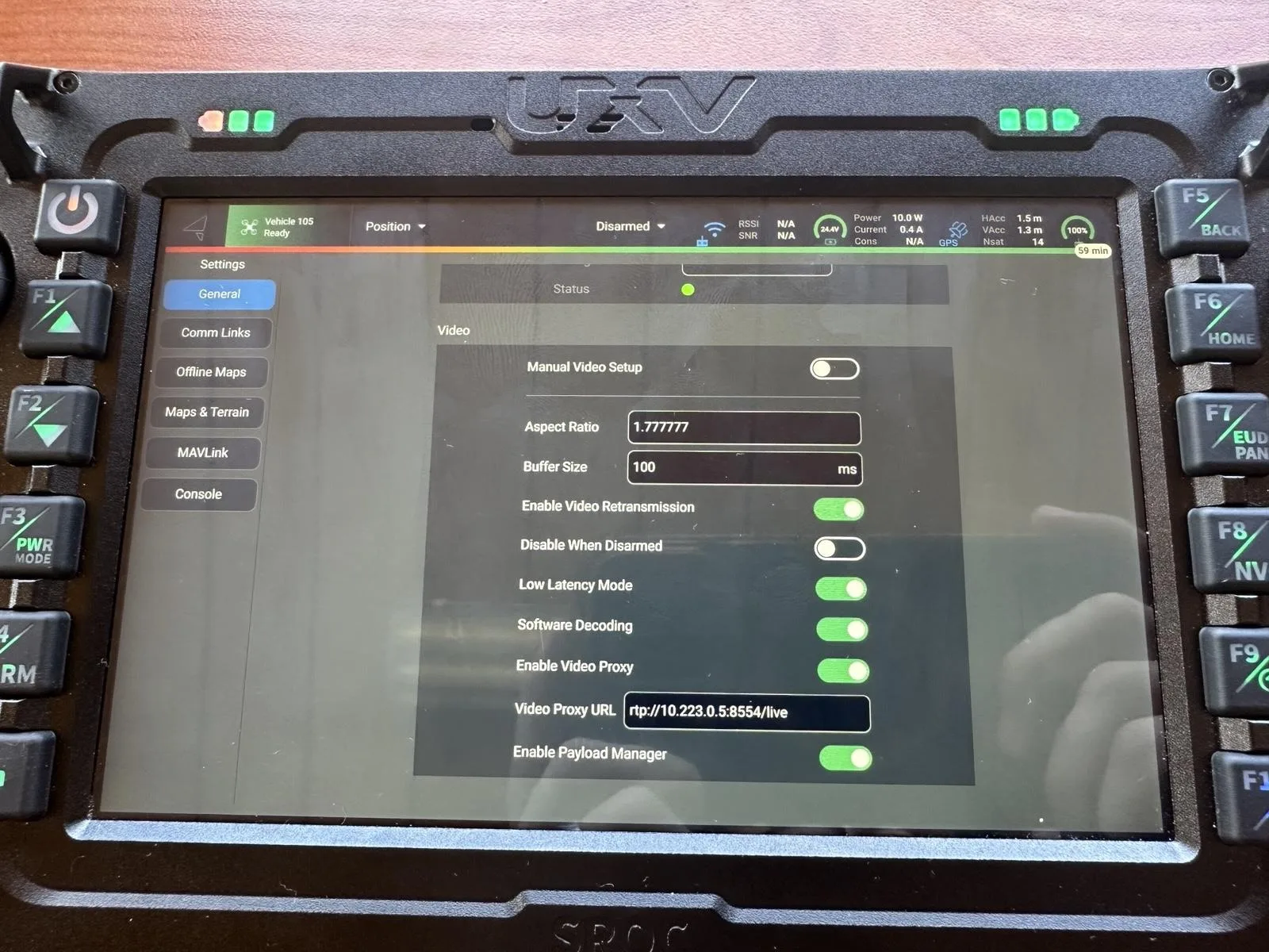 Auterion Mission Control's General settings, Video section, with Enable Video Proxy on and the Video Proxy URL set to rtp://10.223.0.5:8554/live
