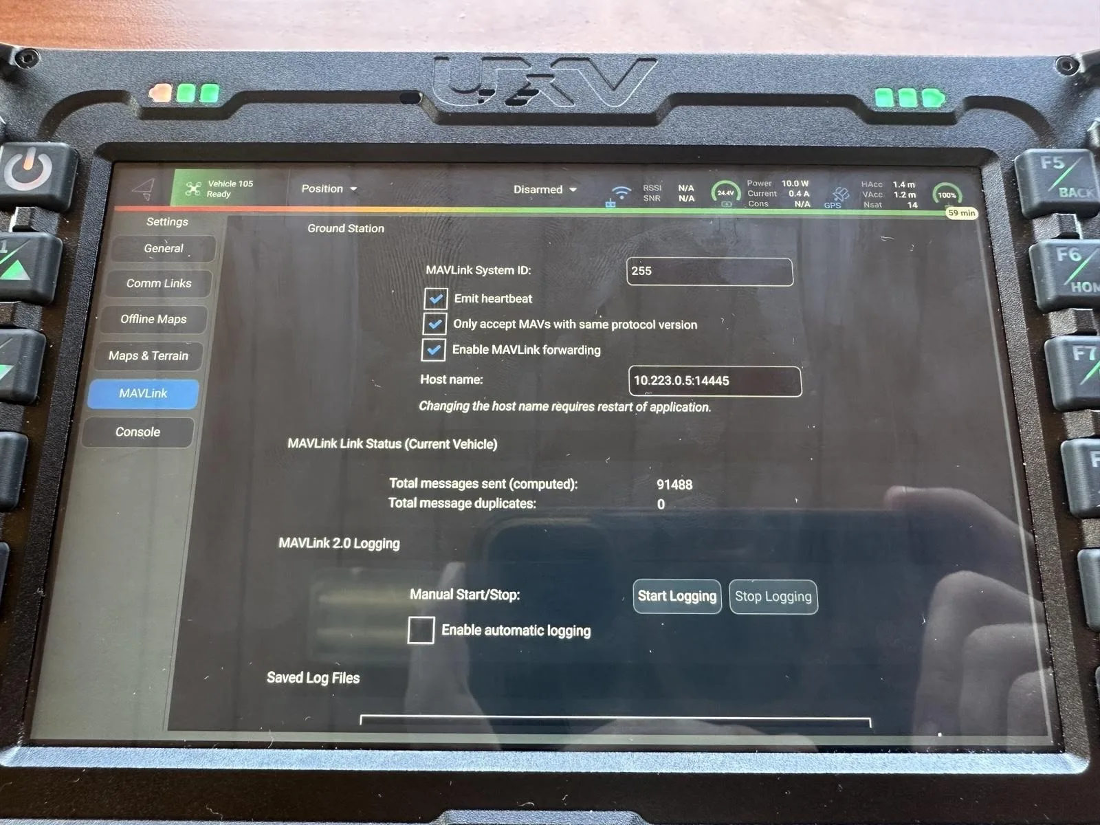 Auterion Mission Control's MAVLink settings, Ground Station section, with Enable MAVLink forwarding checked and Host name set to 10.223.0.5:14445
