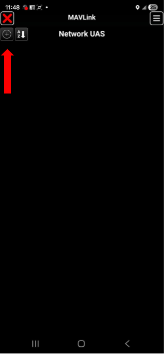 UAS Tool's Network UAS / MAVLink screen, empty, with the + icon in the upper-left highlighted to add a new platform