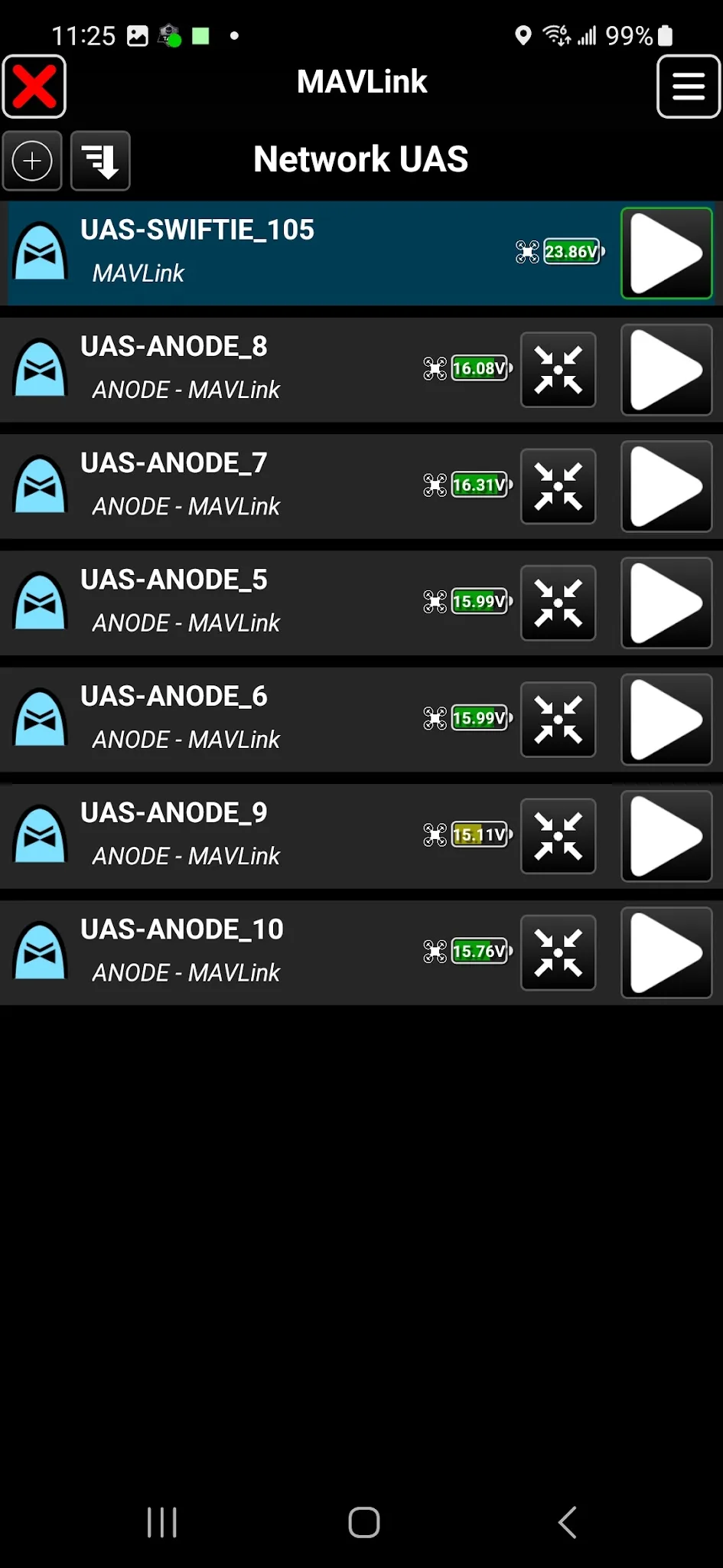 UAS Tool's MAVLink Network UAS list, showing the real connection UAS-SWIFTIE_105 at the top alongside several simulated UAS-ANODE test entries below it