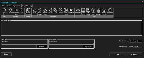 Toolbar Manager window with tabs, groups and icons that can be dragged and rearranged