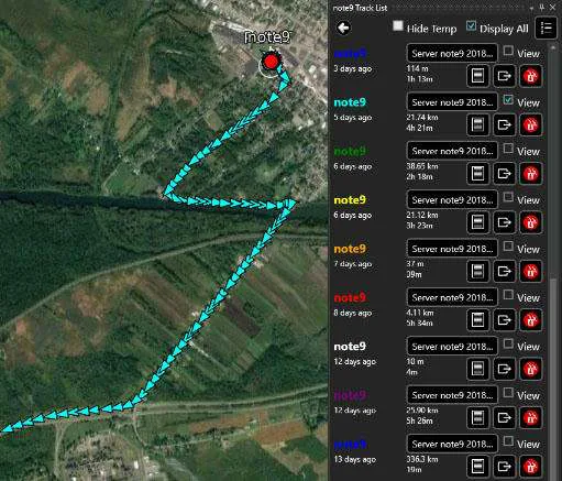 Displayed tracks on the map with the track list showing View, Details, Export and Delete controls