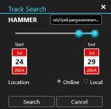 Track Search dialog with the TAK Server drop-down, time range slider and Online/Local selection
