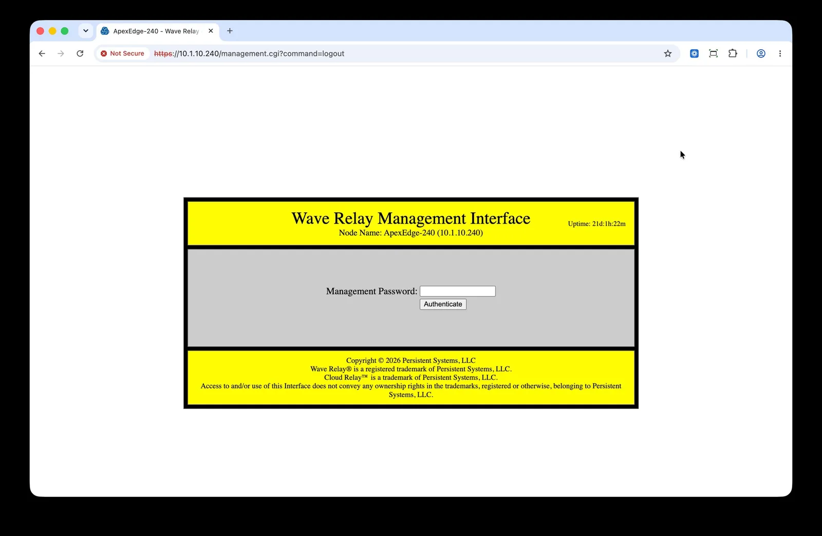 Wave Relay Management Interface login screen with a Management Password field and an Authenticate button