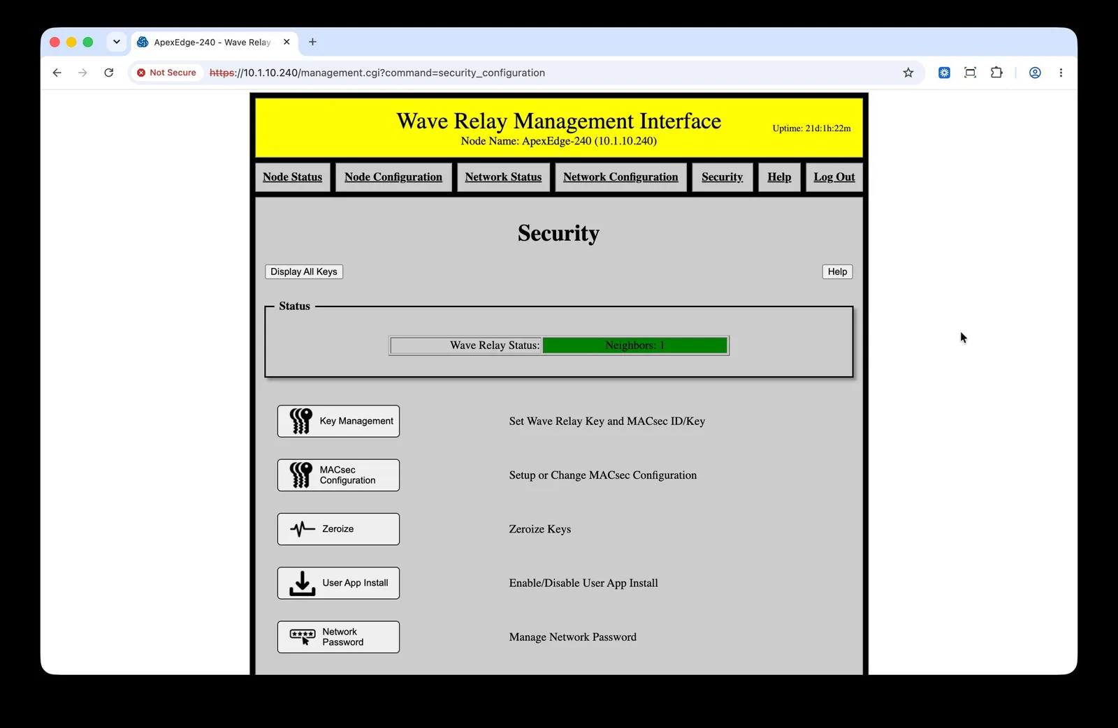 Security page with Key Management, MACsec Configuration, Zeroize, User App Install, and Network Password buttons, and a Status panel showing Wave Relay Status and Neighbors