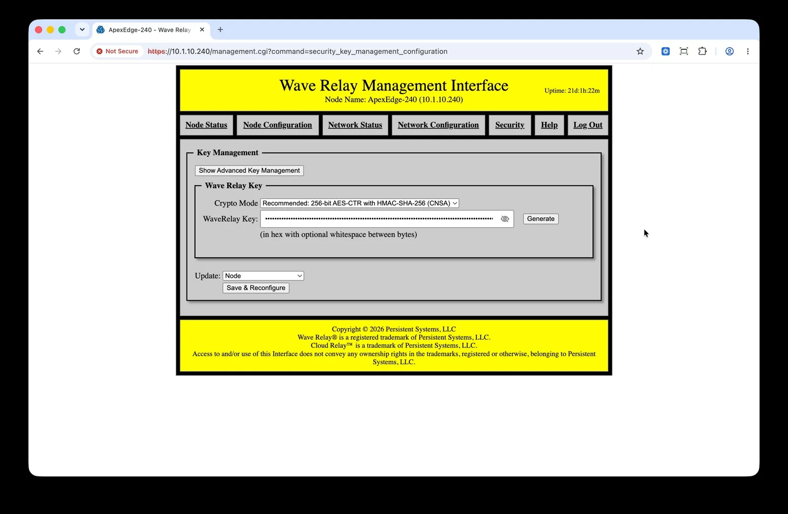 Key Management screen showing Crypto Mode, a masked WaveRelay Key field with a reveal icon and Generate button, an Update scope dropdown, and a Save & Reconfigure button