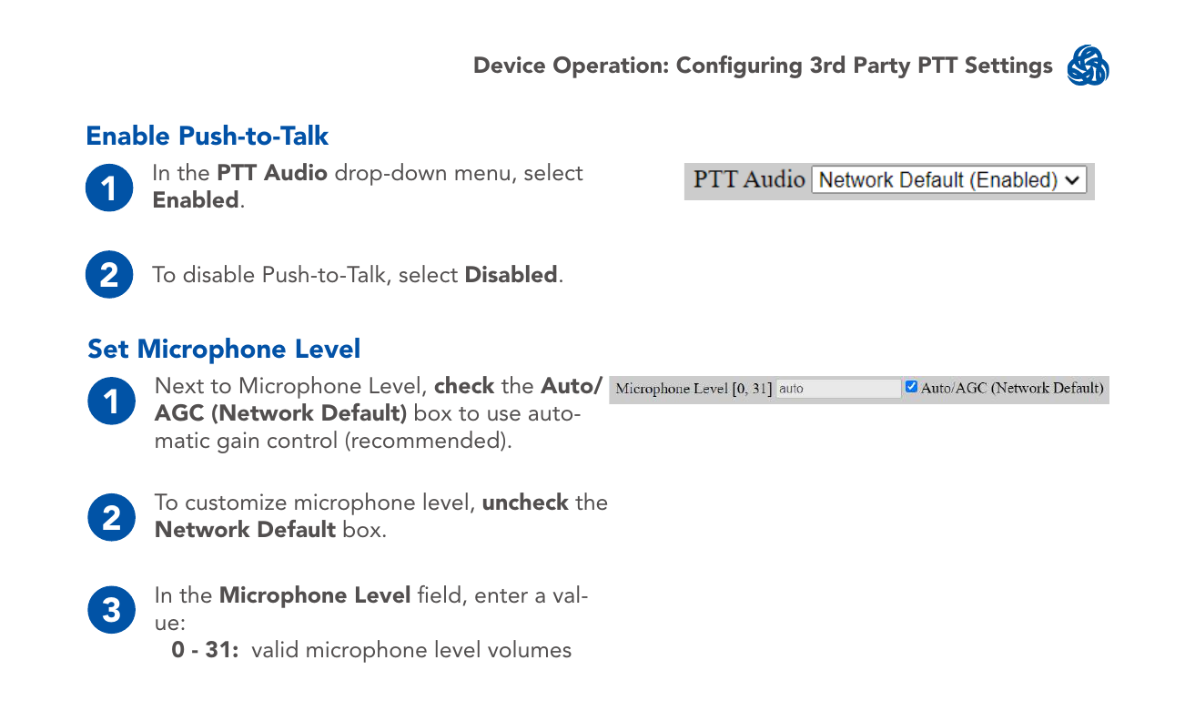PTT Audio enable and Microphone Level fields