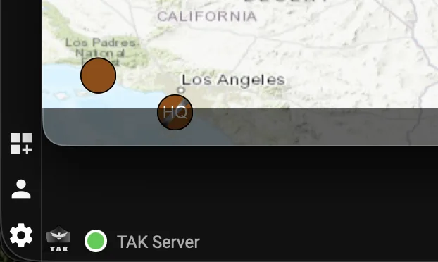 TAK Server status indicator in the bottom-left of the map view, showing a green dot for a live connection