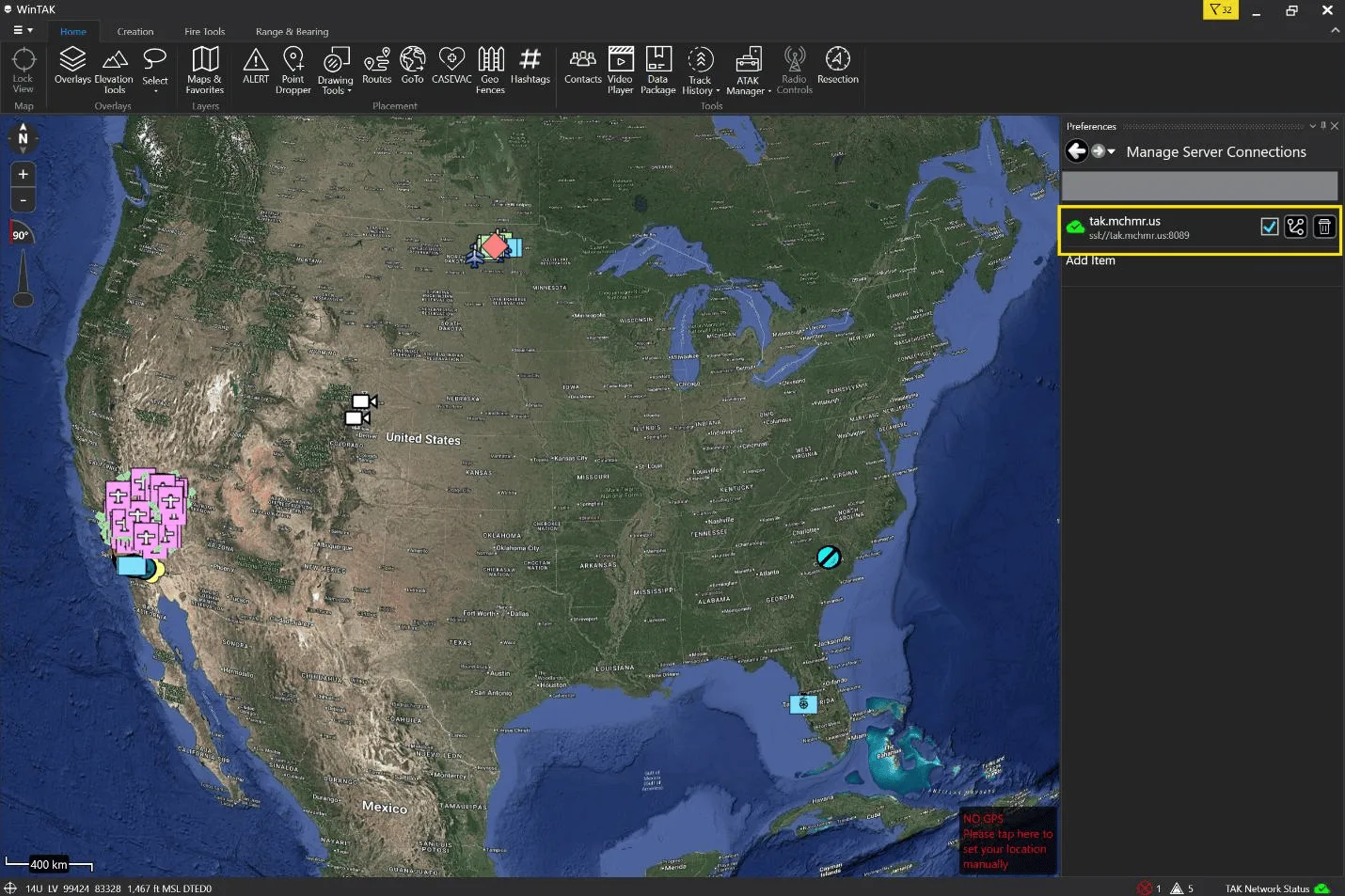 Step 9 - Manage Server Connections showing tak.mchmr.us connected with a green checkmark